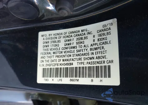 2019 Honda Civic Lx z USA, uszkodzony, nr VIN 2HGFC2F61KH549084